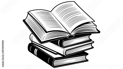 Black and white line art illustration of a stack of open and closed books, ideal for educational or literary themes