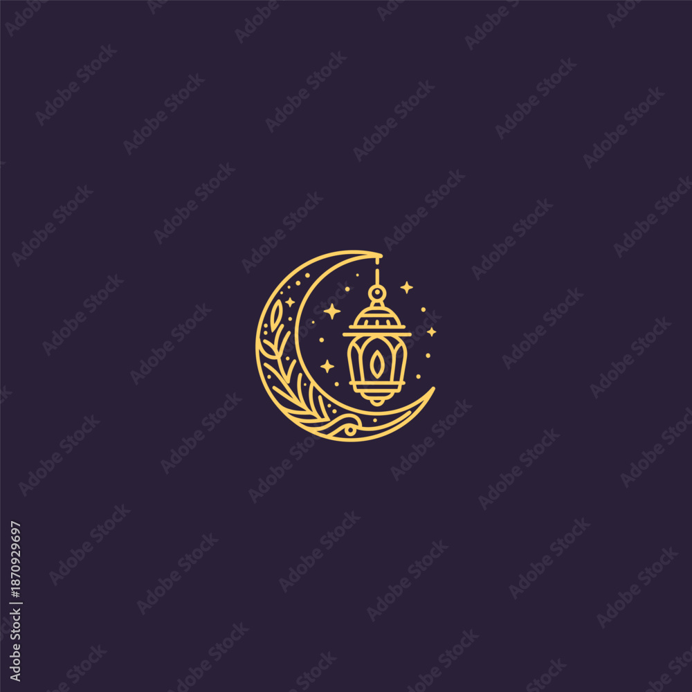 Fototapeta premium Moon crescent and lantern line art logo symbolizing light, faith, and guidance.