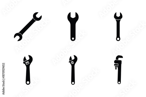 Adjustable wrench icon set, Minimal black and white tool vector for repair and maintenance