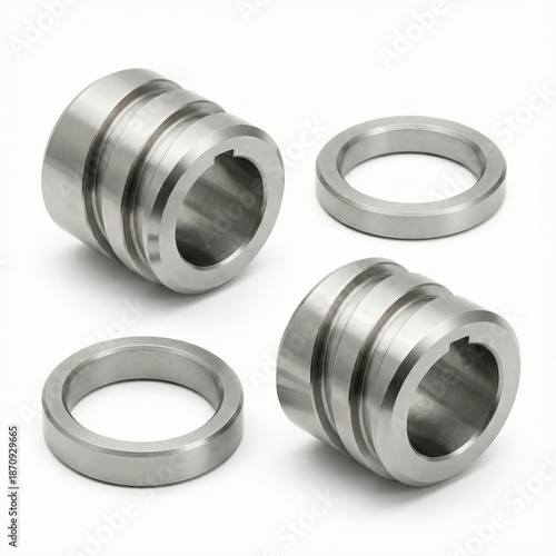 Set of precision CNC machined stainless steel bushings with keyways and metal spacer rings isolated on white background.