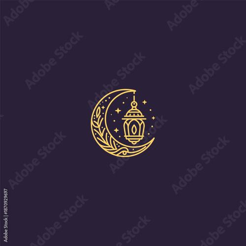 Moon crescent and lantern line art logo symbolizing light, faith, and guidance.