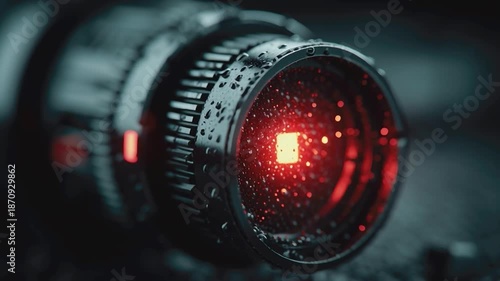 Close-up of a Camera Lens: A close-up shot of a camera lens captures a futuristic and technological look. The lens with a red light, evokes a sense of advanced technology and surveillance. 