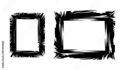 Two black abstract grunge frames on a white background, one vertical and one horizontal, with rough brush stroke edges and distressed texture.