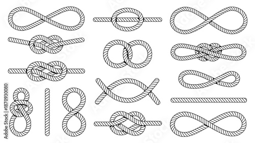 Collection of nautical rope knots and loops in outline style, vector illustration of sailor's knots for design and education