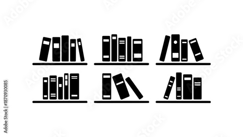 Black minimalist vector icon set of bookshelves filled with various book arrangements and sizes on simple shelves, flat design style.