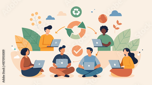 People using laptops and collaborating on eco-friendly recycling project outdoors
