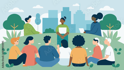 Group of diverse people gathered outdoors for community meeting or discussion in the city