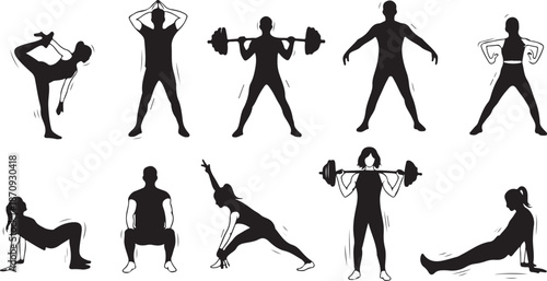 Silhouettes of people exercising with dumbbells and weights
