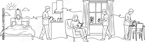 People doing daily activities in a house