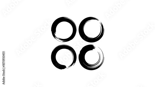 Four abstract black ink brush stroke circles arranged in a square grid, representing Zen ensō, balance, and simplicity in a minimalist graphic design