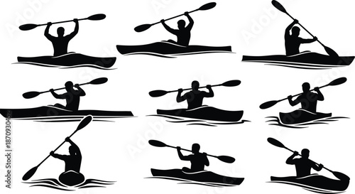 Kayaking sport silhouettes collection vector illustration, canoe paddling action poses set, outdoor water adventure activity design elements isolated on white background