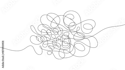 Abstract continuous line art depicting a chaotic tangle of black ink swirls and loops against a clean white background, representing confusion or complexity