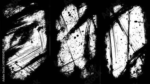 Grungy black and white textured backgrounds with paint splatters and rough brush strokes, abstract distressed overlays with a gritty feel