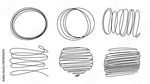 Set of six hand-drawn scribbled lines and shapes in black ink on a white background, minimalist doodle elements