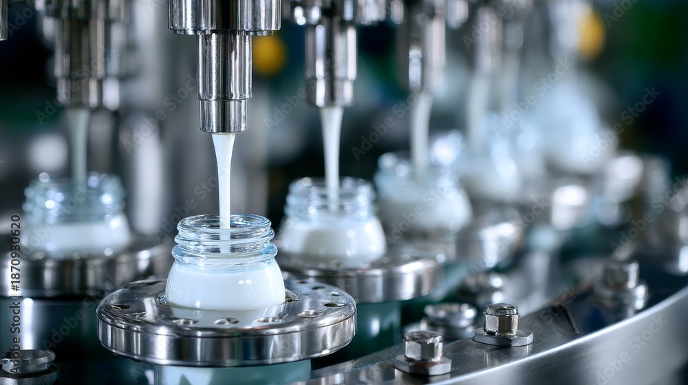 Fototapeta premium A machine is filling bottles with milk