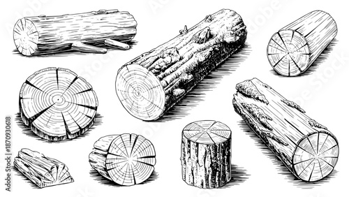 Hand-drawn collection of various wooden logs, firewood, and tree stumps in a detailed sketch style with a vintage feel, isolated on white.