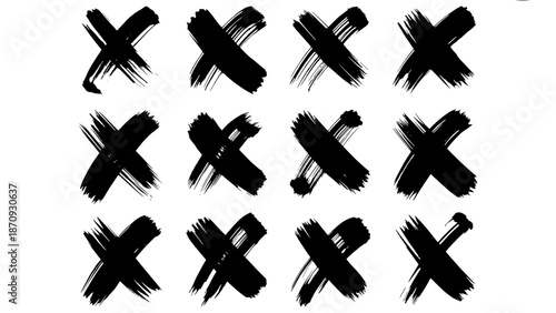 Set of twelve black hand-painted 'X' marks in a grid pattern, brush stroke texture, grunge style, isolated on white background