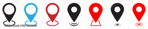 Collection of map location pin icons in various styles and colors. Ideal for GPS navigation, maps, travel apps, user interface design, websites, mobile applications.