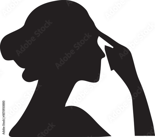 silhouette of person with hand on head showing thinking confused worried or headache gesture in black profile illustration