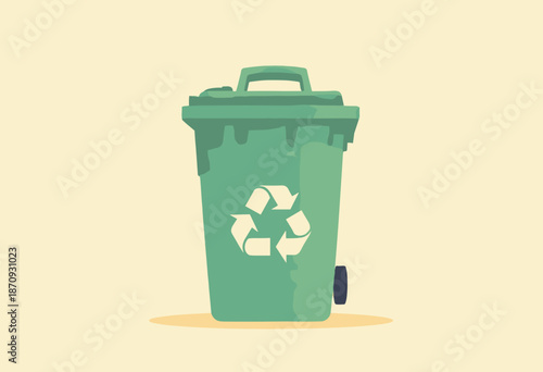 A recycling bin icon with infinite loop arrows. 'Circular Economy'. Green flat vector