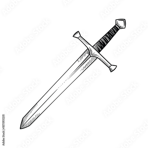 Antique Sword Illustration: A detailed black and white illustration of an antique sword, a symbol of power, courage, and history, stands out against a stark background.