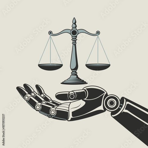AI Justice: A conceptual image of a robotic hand holding the scales of justice, representing the balance of law and the integration of artificial intelligence in legal systems.