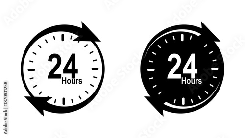 24 Hours icon set. A simple and minimalist icon illustration depicting a 24 hours service clock, representing round the clock availability. Suitable for various business, retail, and service related d