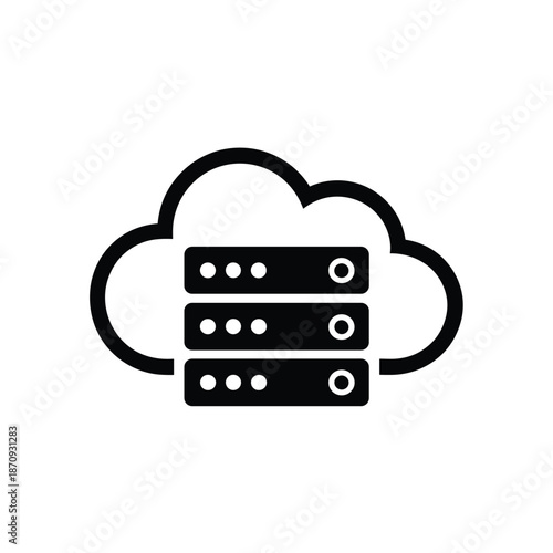 Cloud Server Icon: A stylized black and white illustration of a cloud encompassing a stack of servers. This visual represents modern data storage and processing in the digital realm.