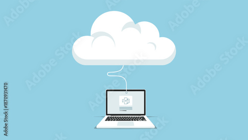 A laptop computer connected to a cloud via a cord, symbolizing cloud computing and data storage, viewed from the front against a blue background