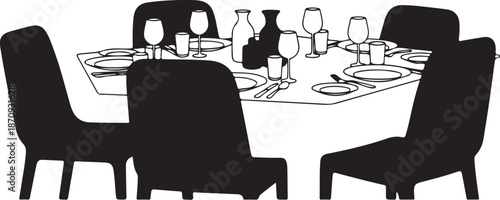 Dinner table setting with four chairs around
