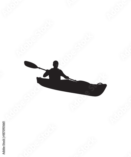 Silhouette of a man kayaking on a calm body of water, paddling forward with a double-bladed oar.