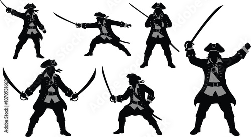 Pirate swordsman silhouette vector illustration set, swashbuckling warrior poses with sabers and tricorn hats, black character collection for adventure design