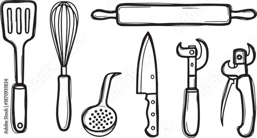 Kitchen Utensils and Tools Line Drawing Illustration