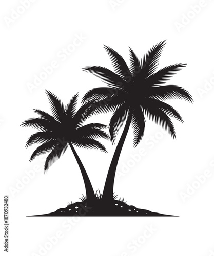 Silhouette of two palm trees on a small island, tropical paradise, beach, vacation, summer, nature, exotic, travel destination.