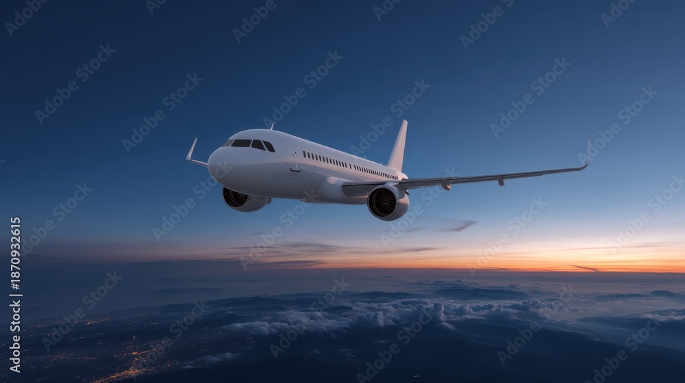Obraz premium Passenger Jet Flying Above Clouds at High Altitude During Twilight Sky with Deep Blue Hues