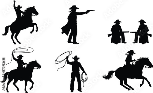 Wild west cowboy silhouette vector illustration set, gunslinger riders with horses and lasso poses, black western character collection for vintage design use