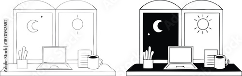 Modern workspace with laptop and books at night