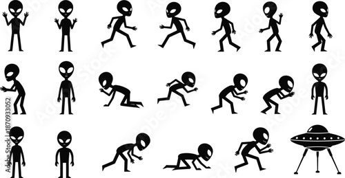Alien silhouette vector set with extraterrestrial character poses, walking, running, crawling, and standing gray man icons, ufo flying saucer, space invader collection, cosmic life illustration.