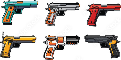 Handgun illustration set featuring colorful pistol and revolver art