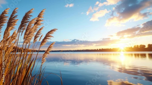 Golden sunset reflecting on the calm lake water with reeds in foreground, creating a serene landscape.