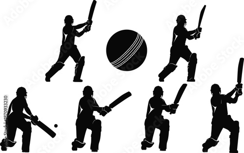 Set of cricket player silhouettes featuring batsmen in various hitting poses, professional athletes with bats, sports equipment icons, and championship competition action vector elements.