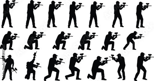 Black silhouette of paintball players set, men in various tactical shooting poses, standing and kneeling positions with markers, isolated on white background vector.