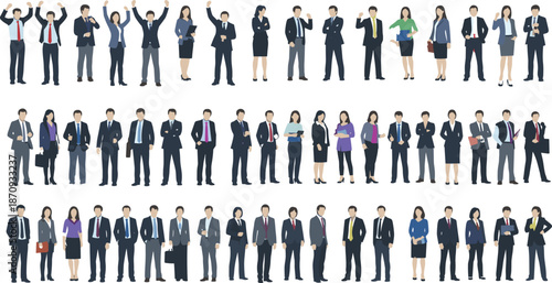 Flat vector illustration of business people set, large group of diverse professional men and women in suits standing, corporate characters collection for office teamwork