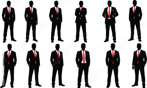 Set of businessman silhouettes wearing black suits and red ties, professional male figures in various standing poses, corporate leadership concept isolated on white background, vector