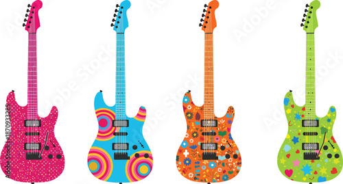 Set of four colorful electric guitars with hippie patterns, psychedelic floral and geometric designs, musical instruments vector illustration isolated on a white background, artistic