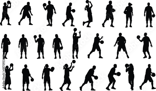 Basketball players silhouettes set, various men and women athletes jumping shooting dribbling holding ball isolated on white background, sports vector collection for graphic design