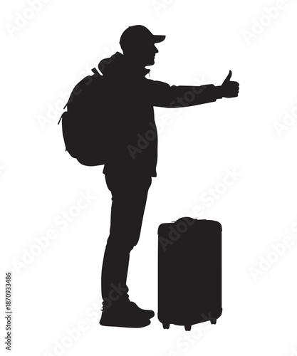Silhouette of a traveler with backpack and suitcase giving a thumbs up.