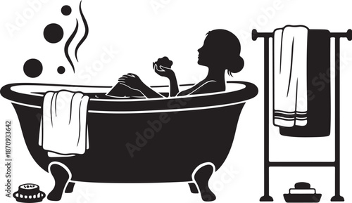 Woman Relaxing in a Black Bathtub Silhouette