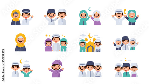 Eid mubarak vector with muslim kids. Happy Eid Mubarak. Muslim Kid Celebrating Eid Mubarak. religious holiday is celebrated by Muslims, Islamic holidays Greeting card. Eid Mubarak Urdu Calligraphy.
