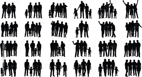 Large set of family silhouettes, diverse group people collection, parents children together, community standing figures, human vector illustration, isolated 
